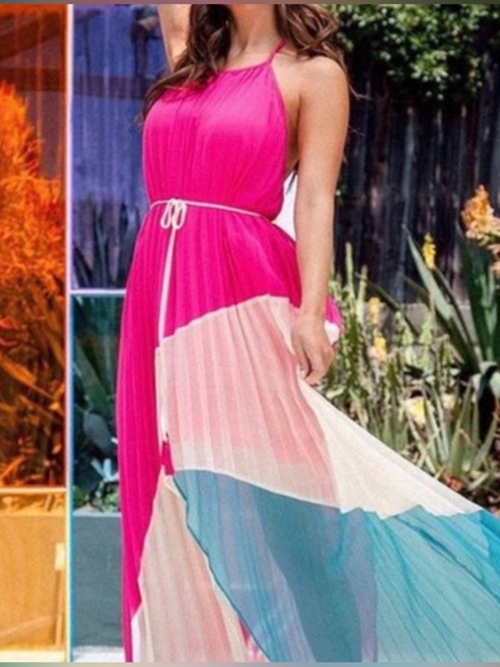 Pink Colorblock Halter Maxi Dress by